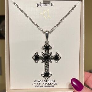 NIB Piper Silver Necklace with Black Glass Stones and Rhinestones Cross Pendant